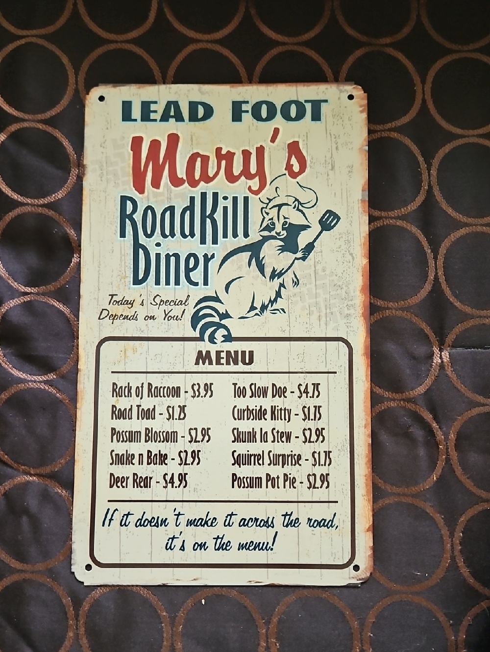 Lead Foot Mary's Roadkill Diner Metal Rustic Sign Wall Art Hanging Picture